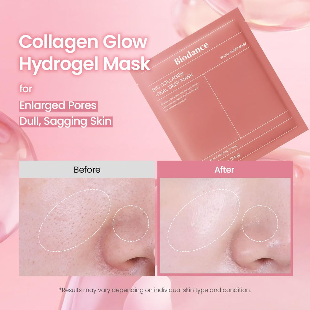 Bio-Collagen Deep Hydrating Hydrogel Face Mask - Pore Minimizing and Plumping Treatment, Travel Essential for Women, Korean Skincare | 1.19 oz (34g) x 4 Packs