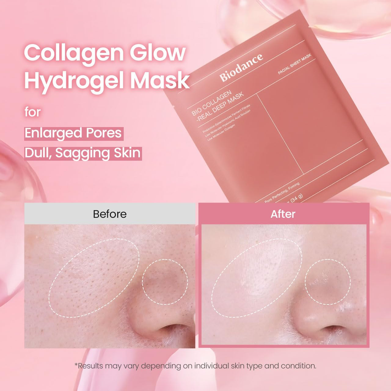 Bio-Collagen Deep Hydrating Hydrogel Face Mask - Pore Minimizing and Plumping Treatment, Travel Essential for Women, Korean Skincare | 1.19 oz (34g) x 4 Packs