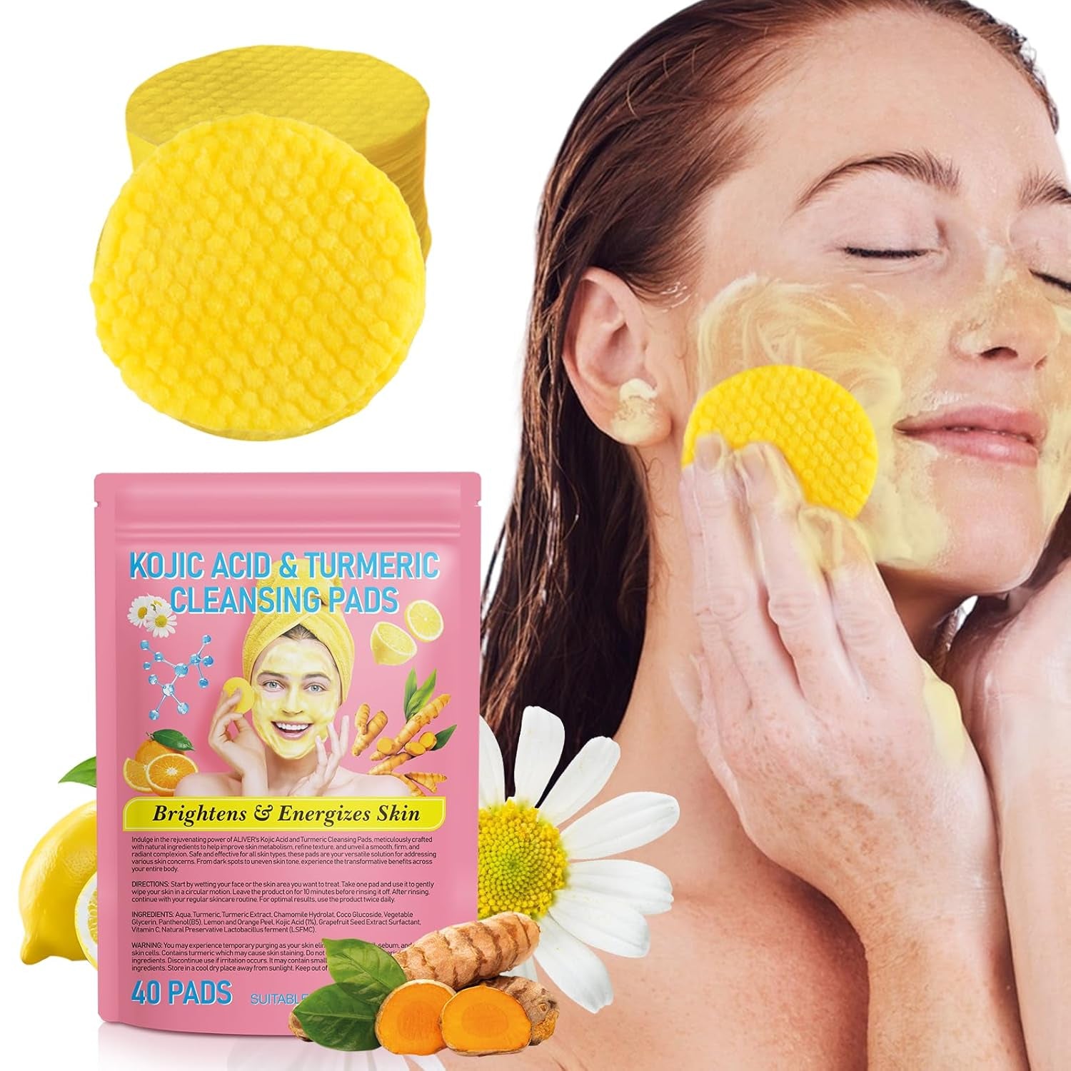 Turmeric Cleansing Pads,Kojic Acid Pads the Body'S Skin, Helps Balance Skin Oil and Water 40 PCS