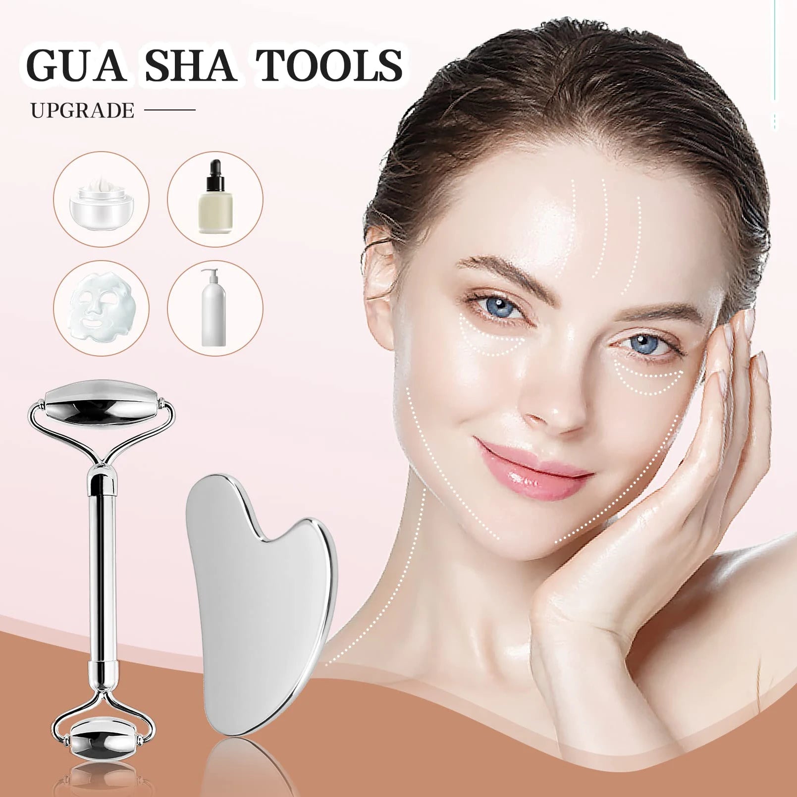 Premium 304 Stainless Steel Facial Roller & Gua Sha Set for Lymphatic Drainage and Facial Tension Relief - Durable Skin Treatment Tools