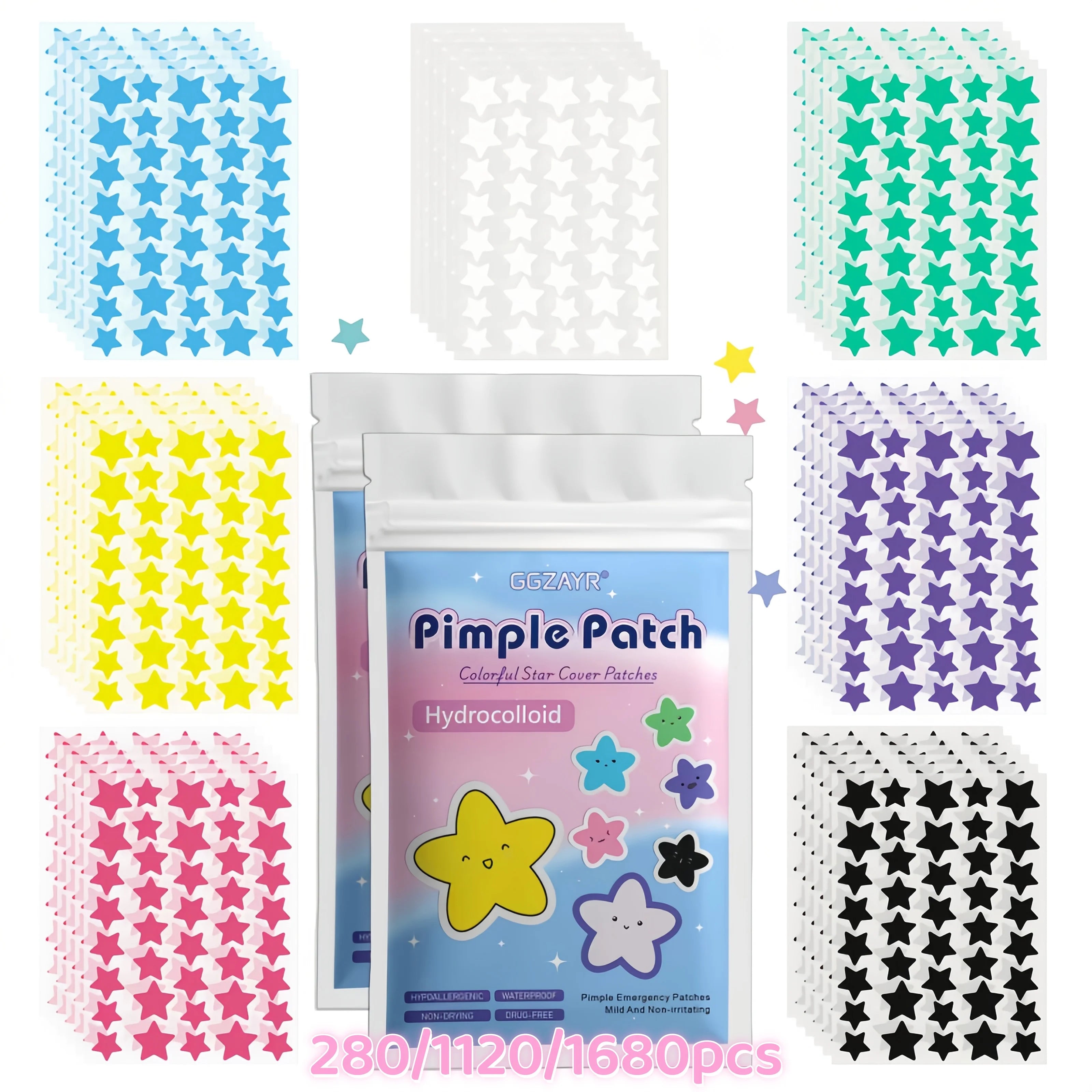 Vibrant Seven-Color Star Pimple Patches – 280/1120/1680 Pcs of Invisible Hydrocolloid Dots for Fun & Gentle Skincare